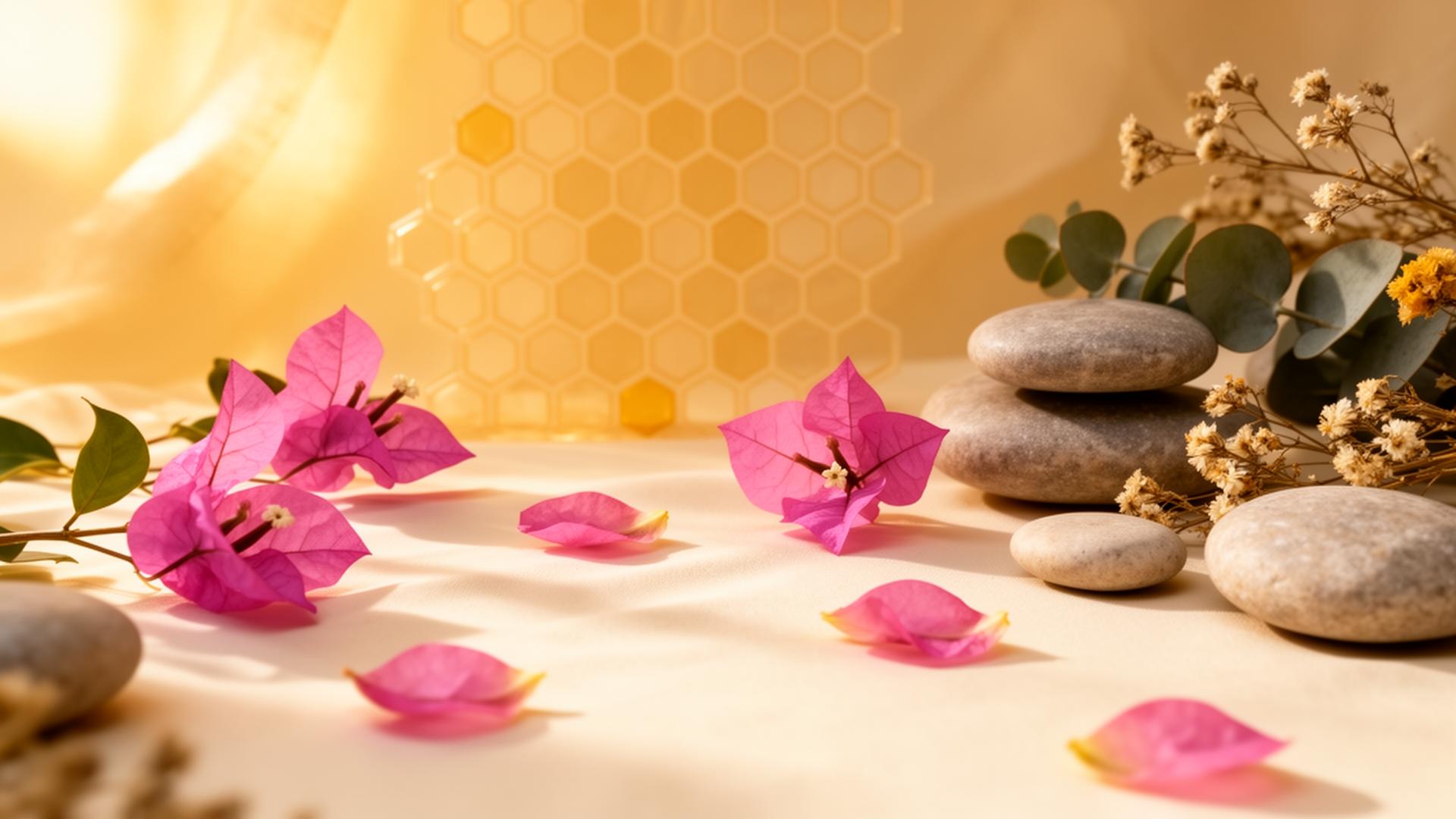 Soft botanical scene with honeycomb, bougainvillea petals and river stones