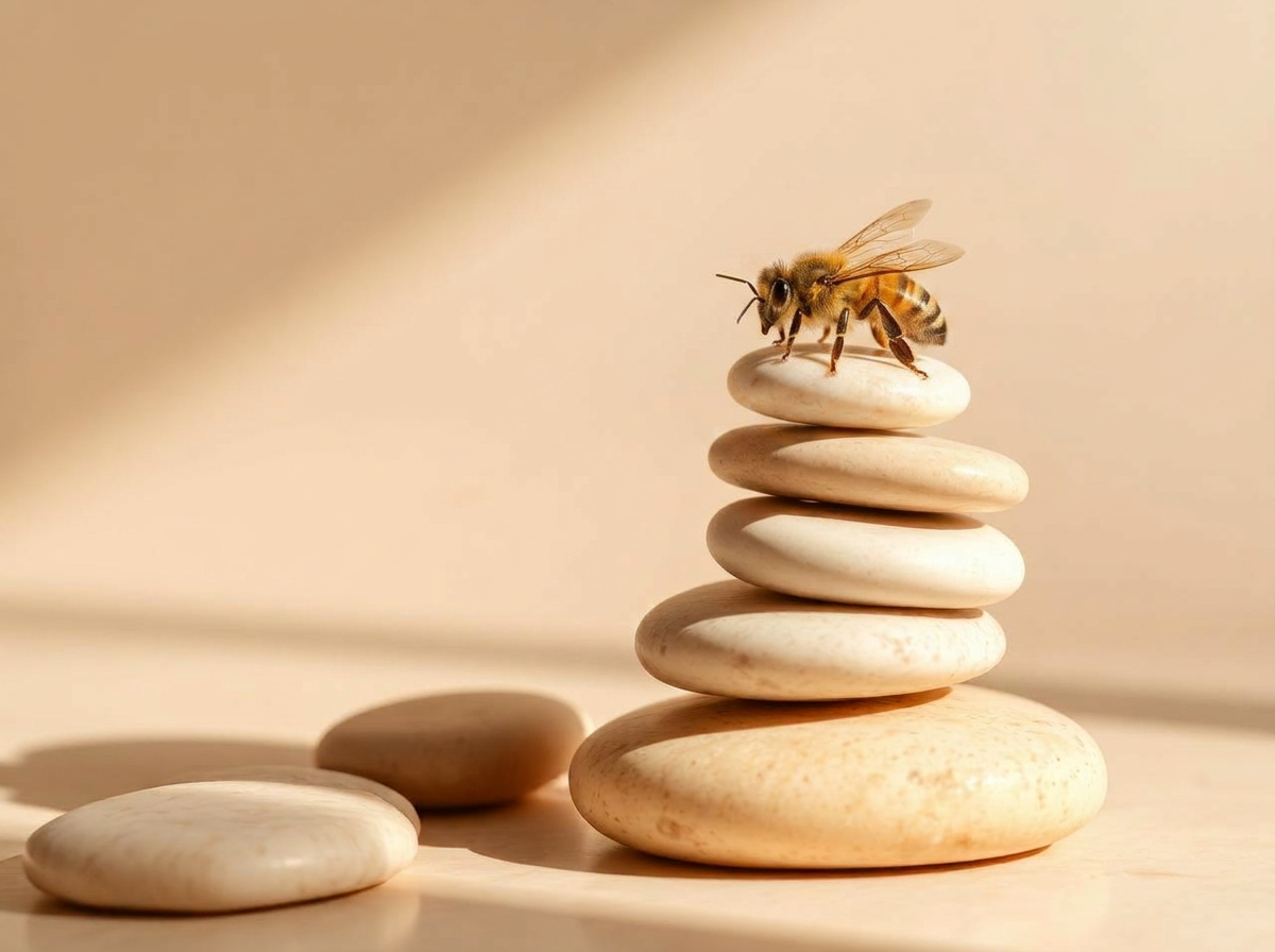 A honey bee resting on a stack of smooth river stones in warm sunlight